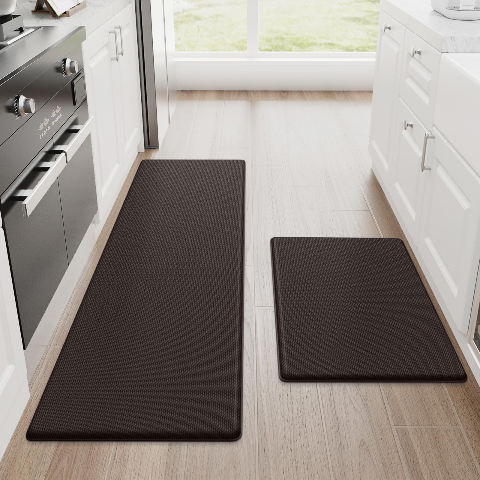 StepRite Kitchen Mats, 2PCS Kitchen Rugs, Cushioned Anti Fatigue Kitchen Mats for Floor, Non-Slip Standing Desk Mat, Waterproof Kitchen Rug Set for Kitchen, Floor, Office, 17.3"x30"+17.3"x47", Black